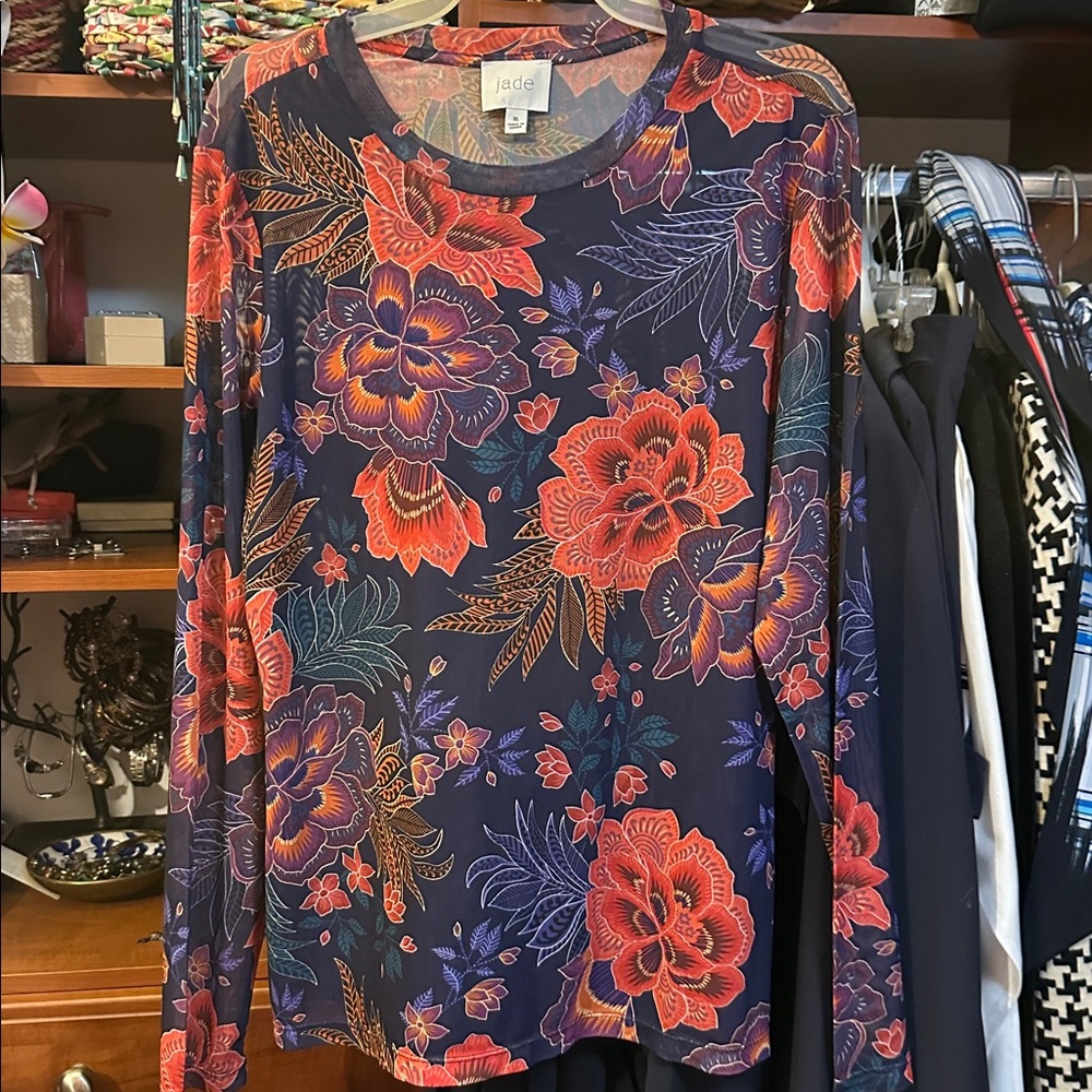 Jade by Johnny Was Multicolor Floral Long Sleeve Mesh Top